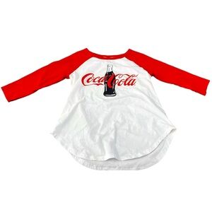 Coca Cola Shirt Womens Size Small White Red Raglan Coke Graphic 3/4 Sleeve Tee